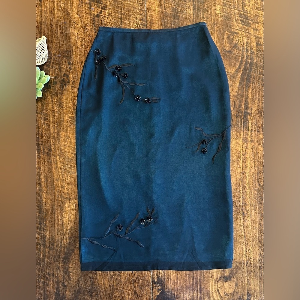 Vintage 90s Dark Romantic Silk Pencil Skirt, Embroidery & Sequins, Size 2, NWT